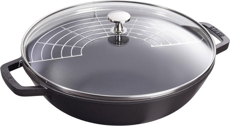 STAUB Cast Iron Wok with Lid Set W30 x D38.5cm Oven Safe - Black Matte - Kazoop 