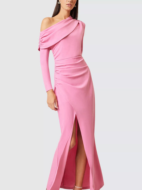 Elliatt Jamie Asymmetric A-Line Long Sleeve Thigh Split Pink Maxi Dress - M