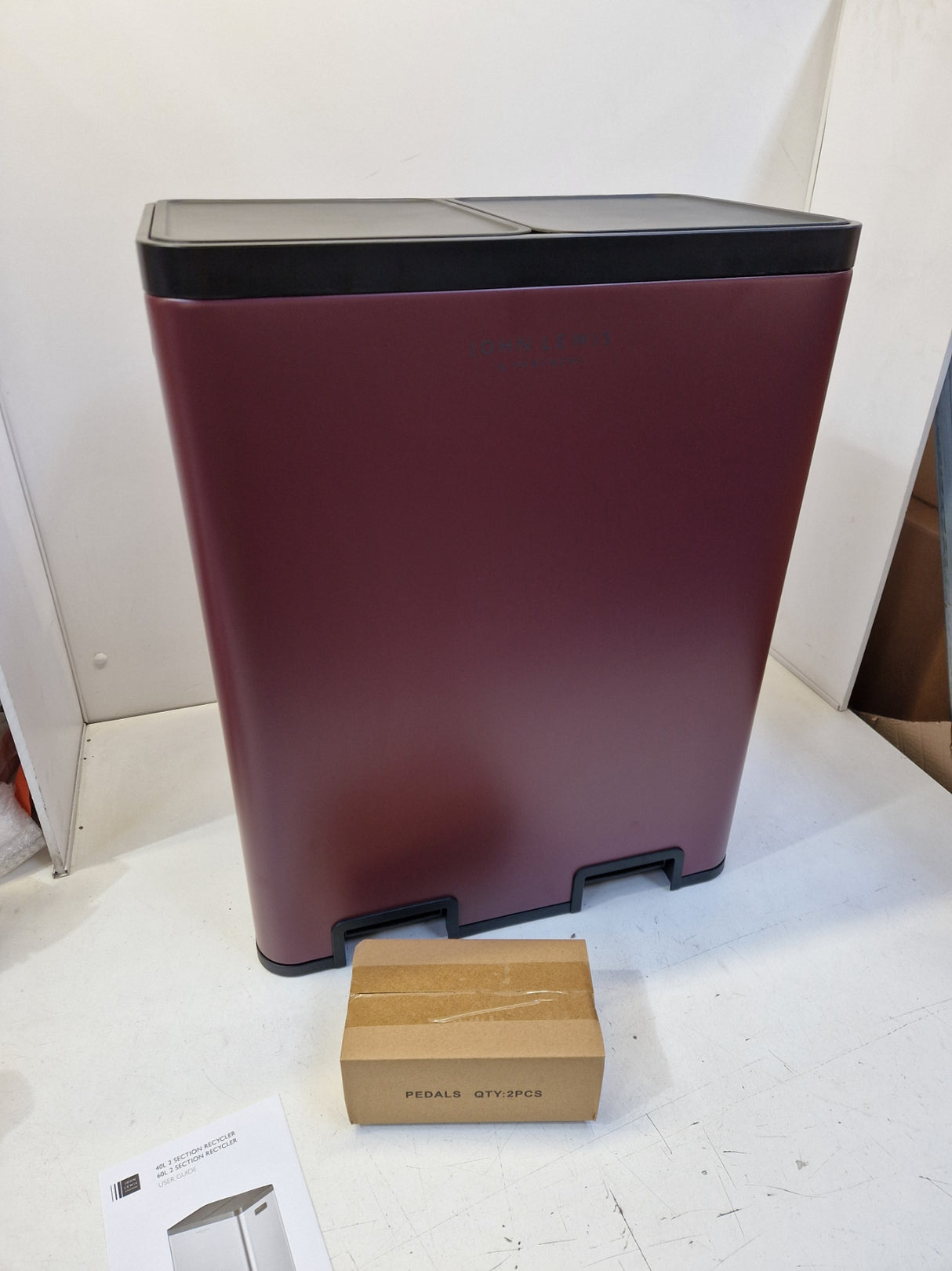 John Lewis 2 Section 60L Kitchen Recycling Pedal Bin with Handles - Damson