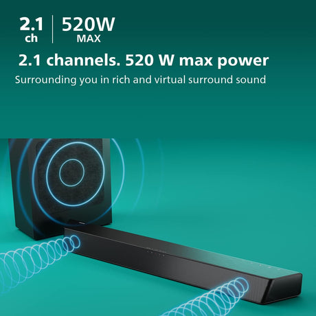 Philips TAB7207/10 2.1Ch 520W Soundbar with Wireless Subwoofer - Black